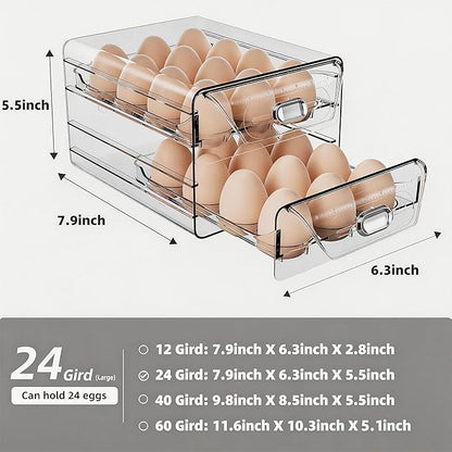 HIYOHIYO Clear 24 Egg Holder for Fridge, Large Egg Organizer for Refrigerator, Stackable Egg Storage Trays for Countertop, Eggs Drawer Dispenser with Time Scale (2 Layer, 7.9"x 6.3"x 5.5")