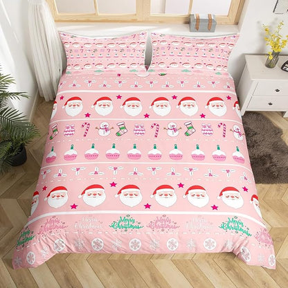 Feelyou Merry Christmas Decorative Pink Comforter Cover Twin Size Xmas Cartoon Santa Claus Snowmen Duvet Cover Winter New Year Bedding Set Gifts for Kids Boys Girls 1 Pillow Case