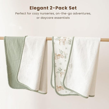 Konssy 2 Pack Waterproof Muslin Cotton Portable Changing Pad 30"x 17", Soft & Foldable Baby Changing Mat Travel Pad with Terry Backing, Shower Gift for Newborn Girls Boys (Woodland,Sage)