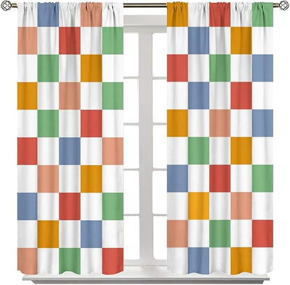 Retro Checkered Curtains,70s Vintage Twisted Checkered Window Drapes Colorful Groovy Trendy Wavy Hippie Grid Print Window Treatments for Kids Girls Bedroom Living Room Bathroom 84" W X 84" L