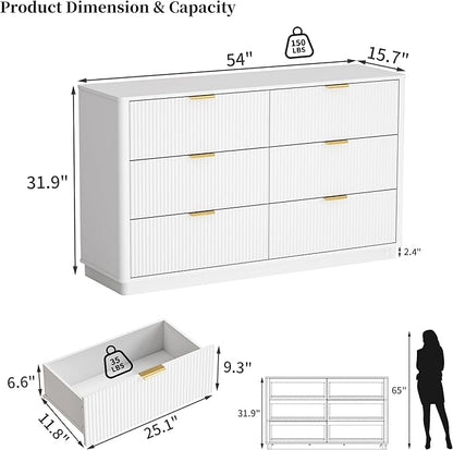 Fluted Dresser for Bedroom with 6 Drawers, 54" Wide Modern Chest of Drawers with Lighting, Wooden Dresser TV Stand with Curved Edges, Closet Organizer for Living Room, Hallway,White