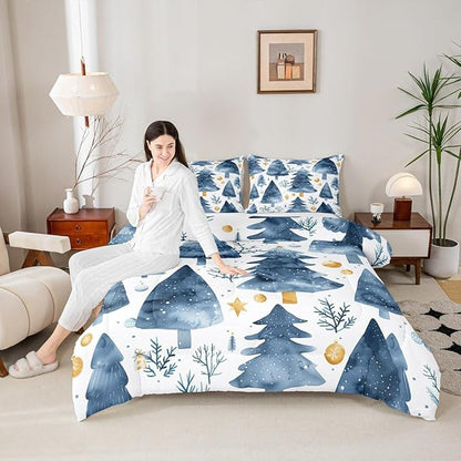 Feelyou Christmas Comforter Set All Season Xmas Tree Bedding Set with 2 Pillow Cases Watercolor Blue Microfiber Kids Full Bedclothes Snowflake Bedroom Decor Duvet Quilt Breathable Soft Lightweight