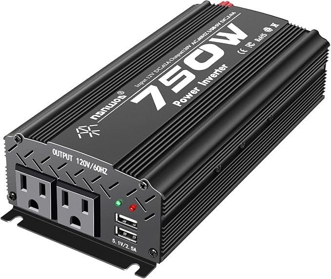12V to 110V Inverter - 750W Car Inverter with 2 AC Outlets & 2 USB Ports for Trucks & Various Vehicles