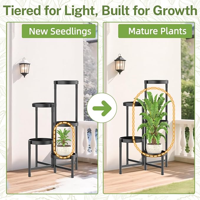 iDavosic.ly Plant Stand Indoor Outdoor, 5 Tier Corner Metal Flower Display Holder Shelf, Folding Tall Orchid Rack for Patio Balcony Porch Garden Living Room House, Black