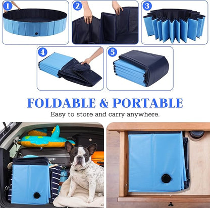 Foldable Dog Pool, Portable Pet Bath Tub and Kiddie Swimming Pool, Collapsible Bathtub for Puppies, Small, Medium and Large Dogs, Cats and Kids, 32 x 8 in, Blue