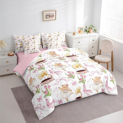 Pink Bowknot Princess Comforter King Size,Ballet Shoes Bear Dancer Cartoon 7 Pcs Bedding Set,Tulip Flower Music Note Record Decor,Bow Tie Romantic （Fitted+Sheet+2 Pillowcases+2 Throw Pillow Covers）
