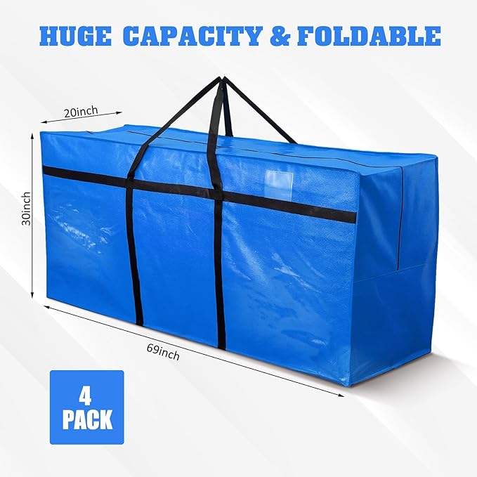 4 Pcs 176 Gallon Large Moving Bags with Zipper and Handles Foldable Storage Duffle Bags Heavy Duty Extra Large Totes for College Dorm Travel Clothes Blankets Bedding Moving (Blue)