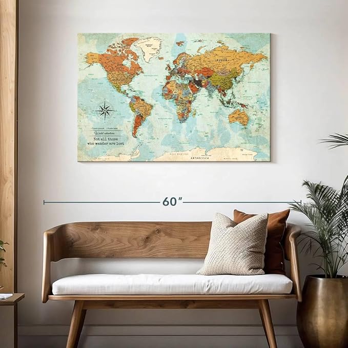 ElephantStock - Personalized Wanderer Push Pin World Map Wall Art - Horizontal Canvas Wall Art - Living Room Wall Decor - Digital Art Map Canvas Art - Orange And Blue Decor - 45" x 30"