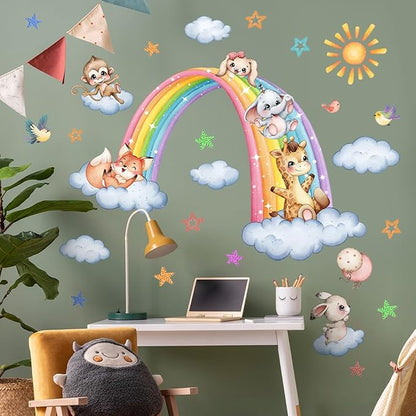 Colorful Rainbow Animals Wall Stickers Vinyl Cute Animal Cloud Wall Decals DIY Removable Decor for Kids Room Nursery Home Classroom Walls (35.43inch x 11.81inch)