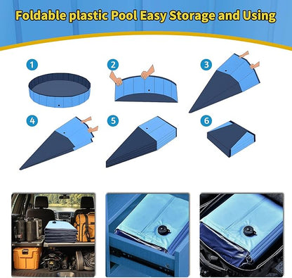 Foldable Dog Pool, 63" x 12" Kiddie Pool with Hard Plastic, Non-Slip Dog Bath Tub for Outdoor Backyard, Collapsible Dog Swimming Pool for Kids Dogs Pets (Blue)
