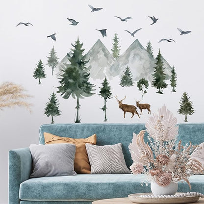 Watercolor Mountain Pine Tree Wall Decals Forest Tree Woodland Deer Birds Wall Stickers for Kids Bedroom Newsery Living Room Wall Decor