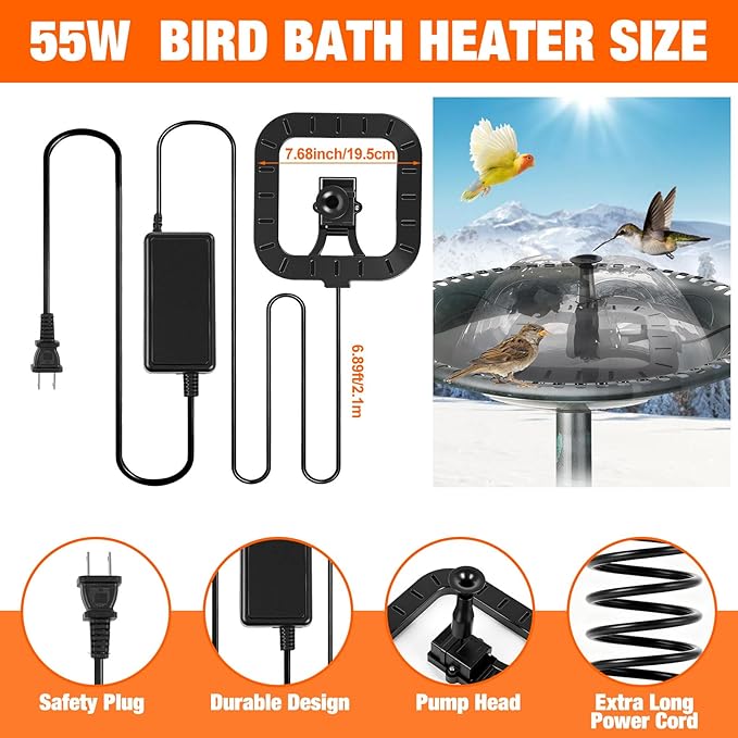 55w Bird Bath Heater with Fountain for Outdoors in Winter Submersible Bird Bath Deicer Pond Deicer with Thermostatically Control Tape Cord Cover for Chicken Livestock Garden Anti Freezing