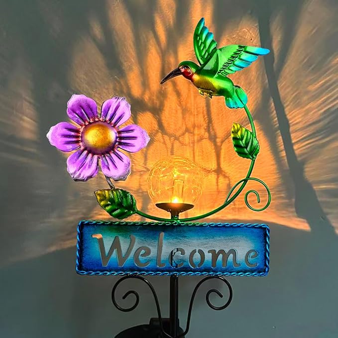 Outdoor Solar Garden Lights with Welcome Sign, Hummingbird Ornament Metal Stake Lights for Lawn, Patio, Cracked Glass Balls (Hummingbird)