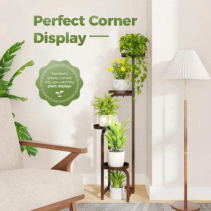 Bamworld Corner Plant Stand Indoor Outdoor, Tall Metal Flower Pot Stands for Multiple Plants, 4 Tier Brown Heavy Duty Plant Shelf for Patio Garden Balcony Living Room Bedroom(Patent Design)