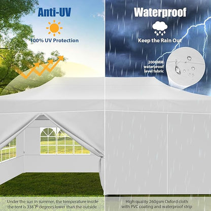HOTEEL 10x20 Pop up Canopy Tent for Parties, Heavy Duty Easy Setup Tent with 6 Sidewalls, Outdoor Commercial Instant Gazebo for Wedding Event, with Roller Bag & Sand Bags, White(Hexagonal Frame)
