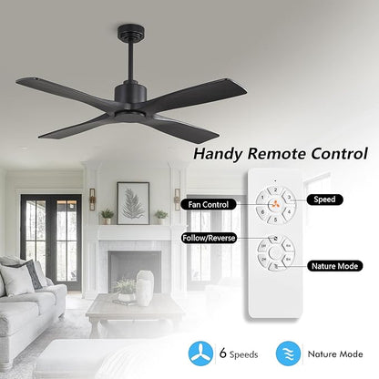 WINGBO 48" DC Ceiling Fan without Lights, 4 Carved Solid Wood Blades, 6-Speed
