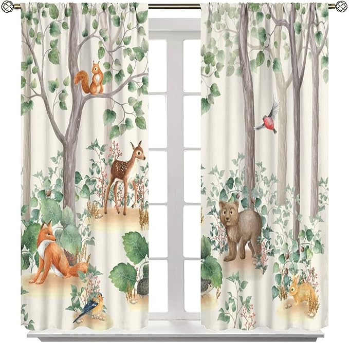 Forest Animal Curtains,Fox Elk Bird Animal Watercolor Woodland Print Curtains Kids Nursery Bedroom Living Room Home Decoration 42x45 Inch