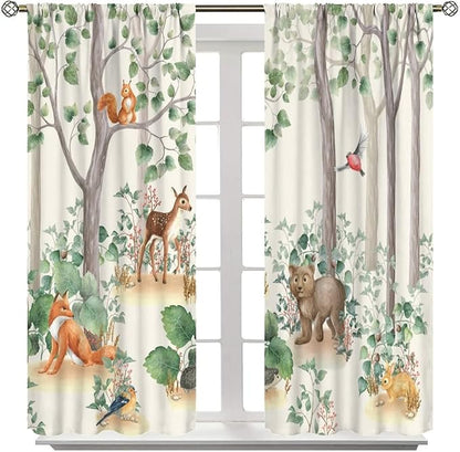 Forest Animal Curtains,Fox Elk Bird Animal Watercolor Woodland Print Curtains Kids Nursery Bedroom Living Room Home Decoration 42x45 Inch