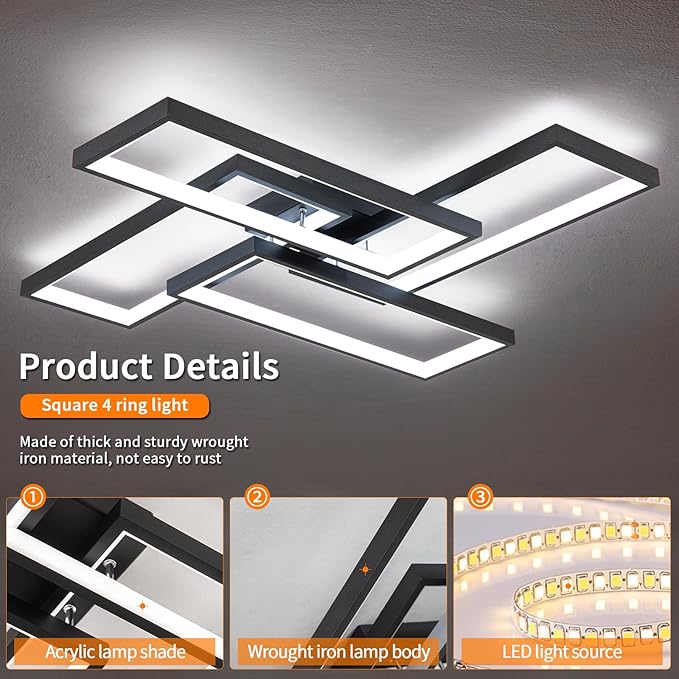 Modern LED Ceiling Lights for Bedroom 26" Dimmable Square Ceiling Lights for
