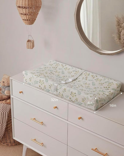 Blissful Diary Muslin Baby Changing Pad with Waterproof Lining Foam, Diaper Changing Table Pad with Cover for Dressers (Botanical Leaf, Rectangular)