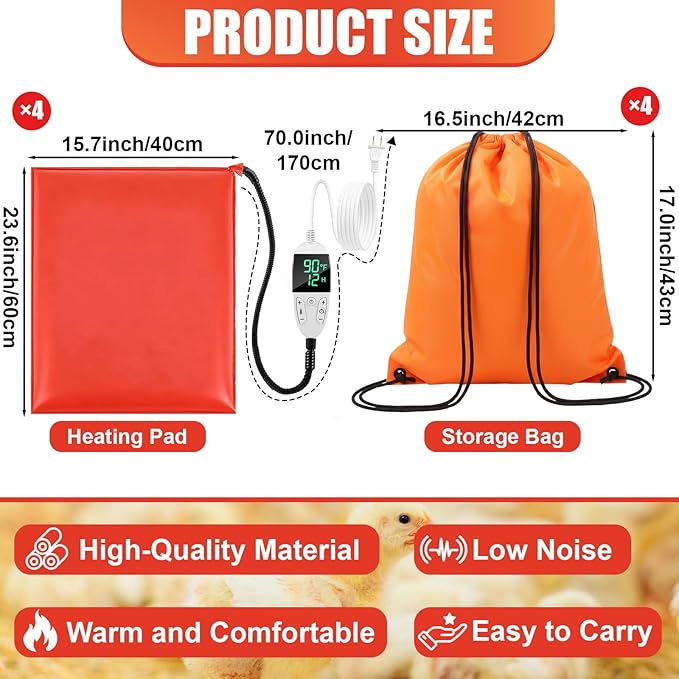 4 Pack Heated Chicken Pad for Brooders Small Animal Pet Heating Pad Warming Chick Nesting Mat with Temperature and Timer Waterproof Chicken Coop Heater Mat(23.6 x 15.7 Inches)