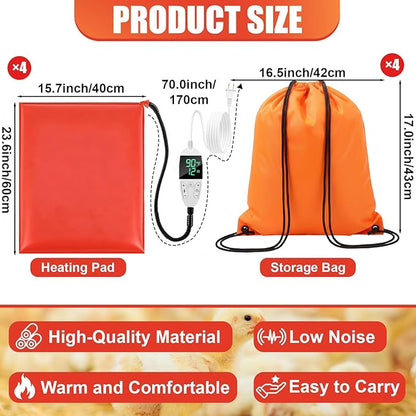 4 Pack Heated Chicken Pad for Brooders Small Animal Pet Heating Pad Warming Chick Nesting Mat with Temperature and Timer Waterproof Chicken Coop Heater Mat(23.6 x 15.7 Inches)