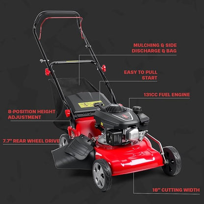 Foldable Self-Propelled Gas Lawn Mower with 131cc 4-Stroke Engine, 3-in-1(Bag/Mulch/Rear Discharge),8 Cutting Heights, Durable Steel Deck, Forced Air-Cooling System