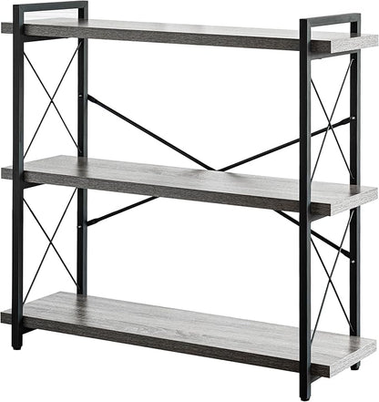 HCHQHS Bookshelf, 3-Tier Industrial Bookcase, Rustic Open Book Shelf, Freestanding Horizontal Bookshelves with Metal Frame