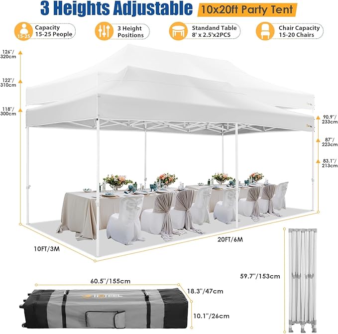 HOTEEL 10x20 Pop up Canopy Tent for Parties, Heavy Duty Easy Setup Tent with 6 Sidewalls, Outdoor Commercial Instant Gazebo for Wedding Event, with Roller Bag & Sand Bags, White(Hexagonal Frame)