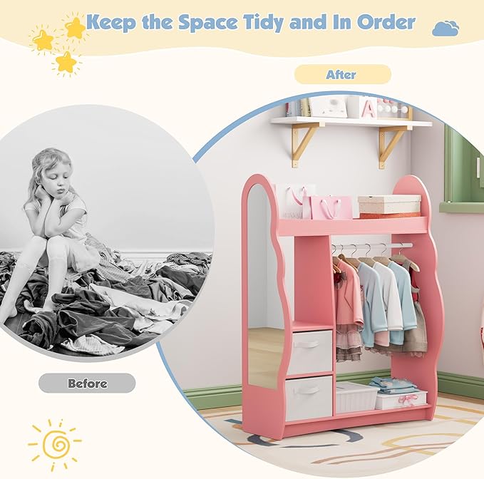 Kids Dress Up Storage Rack Mirror Wood Child Wardrobe 2 Hooks 2 Fabric Bins Toddler Closet Girls Boys Open Hanging Armoire Storage Shelf Coat Costume Hat Shoe (Pink/Cloud/Two Drawers)