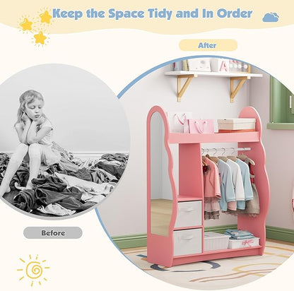 Kids Dress Up Storage Rack Mirror Wood Child Wardrobe 2 Hooks 2 Fabric Bins Toddler Closet Girls Boys Open Hanging Armoire Storage Shelf Coat Costume Hat Shoe (Pink/Cloud/Two Drawers)