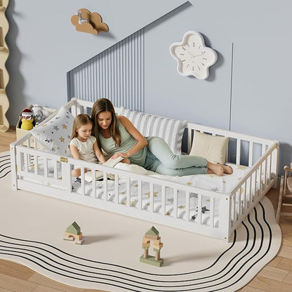 i-POOK Twin Floor Bed for Children, Sturdy Wood Montessori Bed Frame with Wood Slats, High Fence & Small Door, Montessori Floor Bed for Girls and Boys, White