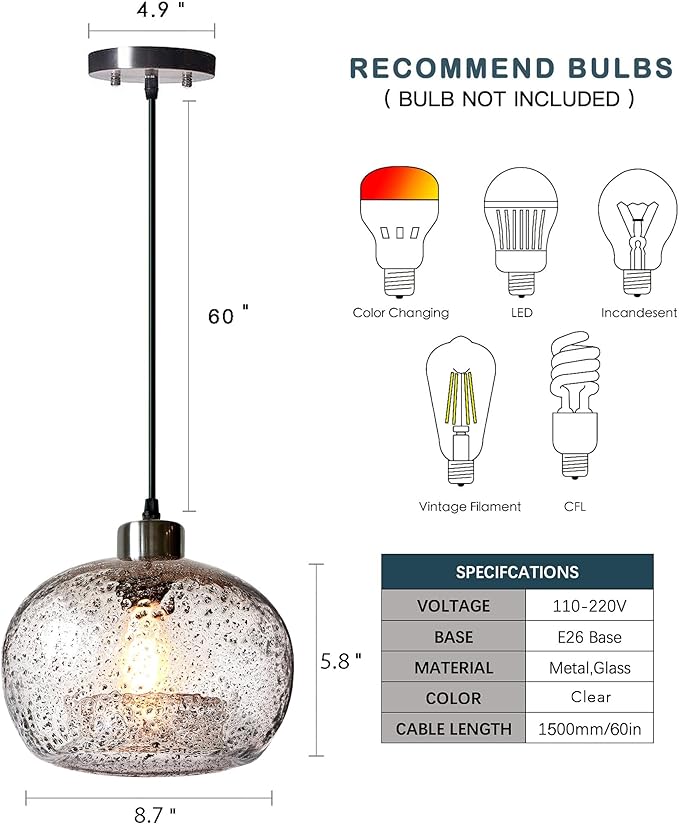 CASAMOTION Pendant Lighting Handblown Glass Drop Ceiling Lights, Modern Rustic