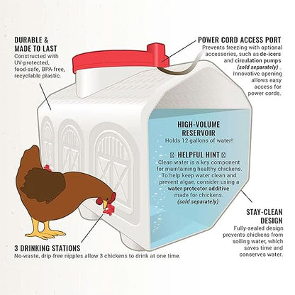 OverEZ Automatic Chicken Waterer with No Spill System, Outside and Inside Poultry Drinker, Large 12 Gallon High Capacity Drinking Bottle Dispenser for Hens