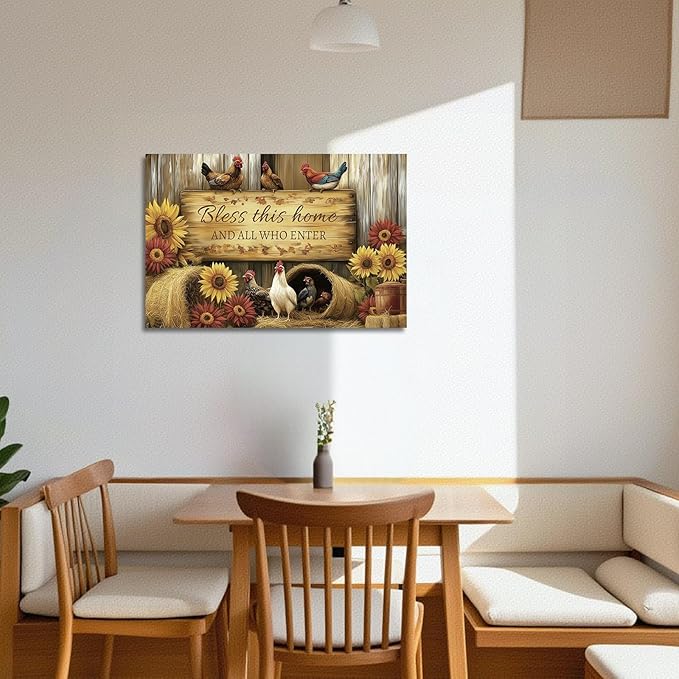YMXDYMJSW Rooster Canvas Wall Art Chicken with Sunflower Pictures Farm Animal Prints Chicken Coop Paintings Inspirational Quotes Artwork for Kitchen Decor Frame (Red,28L x 42W)