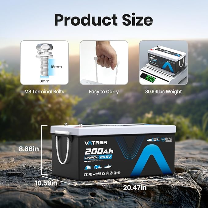25.6V/24V 200AH Lithium LiFePO4 Battery, Max. Load Power 5120W, Built-in 200A BMS, Deep Cycle Rechargeable Battery for Trolling Motor, Boat, RV, Off-Grid, Solar Energy, Home Energy Storage, etc.