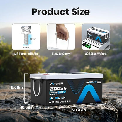 25.6V/24V 200AH Lithium LiFePO4 Battery, Max. Load Power 5120W, Built-in 200A BMS, Deep Cycle Rechargeable Battery for Trolling Motor, Boat, RV, Off-Grid, Solar Energy, Home Energy Storage, etc.