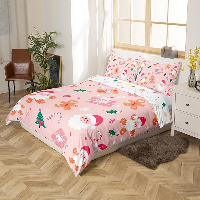 Feelyou Merry Christmas Bedding Set Cookies Candy Duvet Cover Set for Kids Boys Girls PinkChristmas Comforter Cover Quilt Cover Bedroom Collection 3Pcs Queen Size,No Comforter
