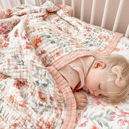 100% Cotton Muslin Baby Blanket - Large Reversible Receiving Blankets for Baby Girls, Soft & Lightweight, Perfect Muslin for Newborns, Infants & Toddlers, 7 Layers Design, Machine Washable, Pink
