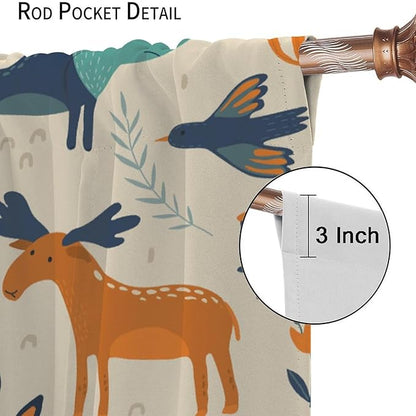 Kids Forest Animal Curtains, Rustic Cartoon Cute Wild Animal Window Treatments Woodland Safari Animal Fox Deer Bear Window Drapes for Girls Boys Nursery Toddler Bedroom 72x63in