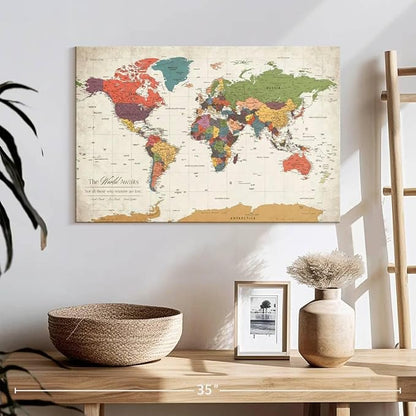 ElephantStock - Personalized World Awaits II Push Pin World Map Wall Art - Horizontal Canvas Wall Art - Living Room Wall Decor - Digital Art Map Canvas Art - Green And Beige Decor - 24" x 16"