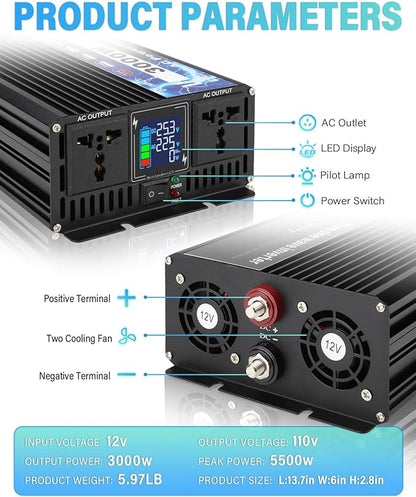 NIHAO 3000W Power Inverters DC 12V to 110V AC Converter with LCD Display, 2 International Socket and Battery Clips for Home, RV, Outdoor, Camping, Boat