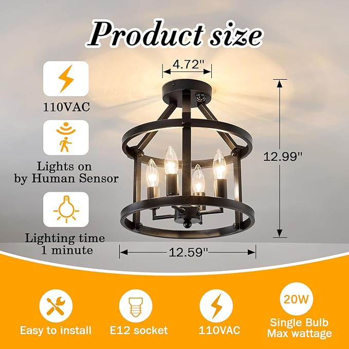 UOFUS Indoor Motion Sensor Ceiling Light Fixture Black Semi Flush Mount
