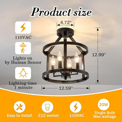 UOFUS Indoor Motion Sensor Ceiling Light Fixture Black Semi Flush Mount