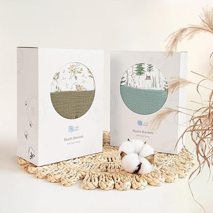 lulumoon Muslin Baby Blanket Neutral: Cotton Crib Blanket with Pine Tree - Soft Toddler Bedding for Registry Gift 47x47 Inches (Green Forest Stump)
