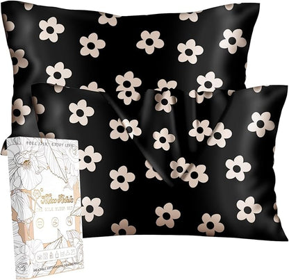 Silk Pillowcase 2 Pack - Cute Pillow Cases 20" x 26" Standard Size Set of 2 for Hair and Skin Smooth Soft Breathable with Hidden Zipper Cooling Pillow Covers for Sleeping, Black Flower