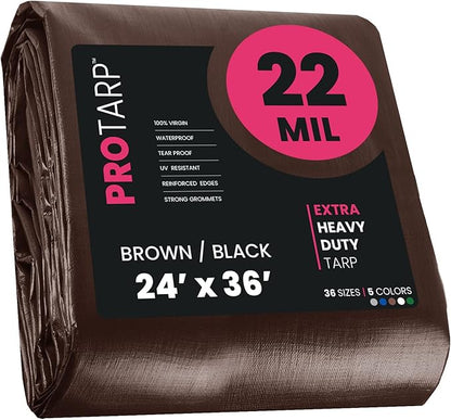 PROTARP Extreme Heavy Duty 22 Mil Tarp Cover, Waterproof, UV Resistant, Rip and Tear Proof, Poly Tarpaulin with Reinforced Edges for Roof, Camping, Patio, Pool, Boat. (Brown/Black 24′ X 36′)