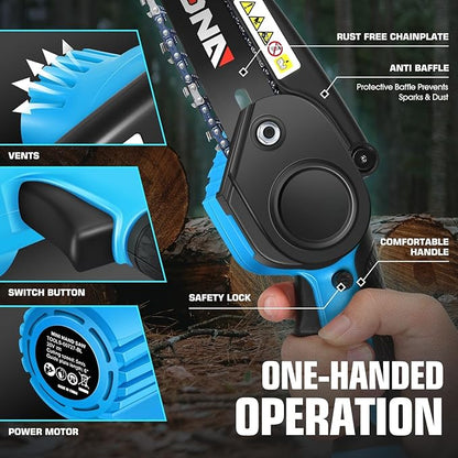 DNA MOTORING Mini Chainsaw, 6 Inch Electric Chainsaw Cordless Handheld Chainsaw with 2 20V 2000mAh Batteries, Small Chainsaw Electric Saw for Tree Trimming, Wood Cutting, Blue, TOOLS-00727-BL
