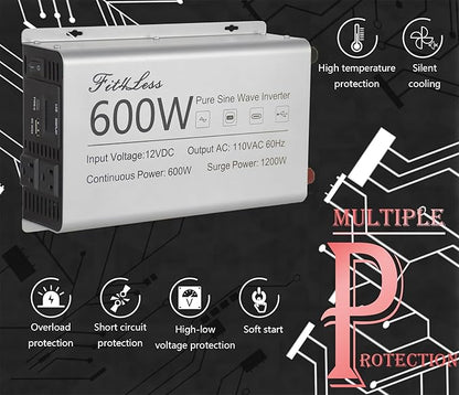 Pure sine Wave Inverter DC 12V Input and AC 110V Output with LCD Display, USB Output Port, Type-C Output Port(600W)