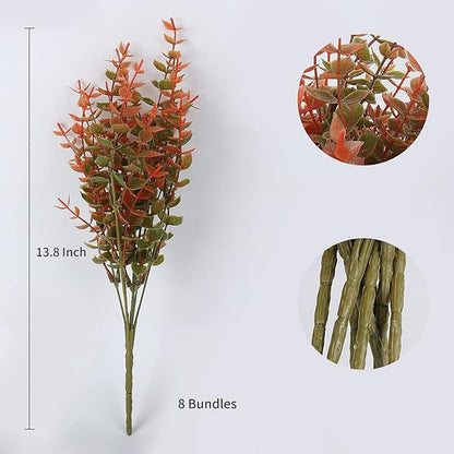 RECUTMS 8 Bundles Artificial Fall Flowers No Fade Faux Autumn Plants, Fake Indoor Outdoor Greenery Decorations for Thanksgiving Christmas Wedding Party Home Garden Fireplace Décor(Fall Eucalyptus)